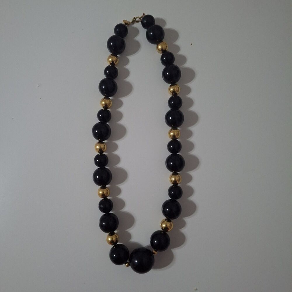 Monet Gold Tone Chunky Round Black Beaded Statement Necklace Mod Vintage